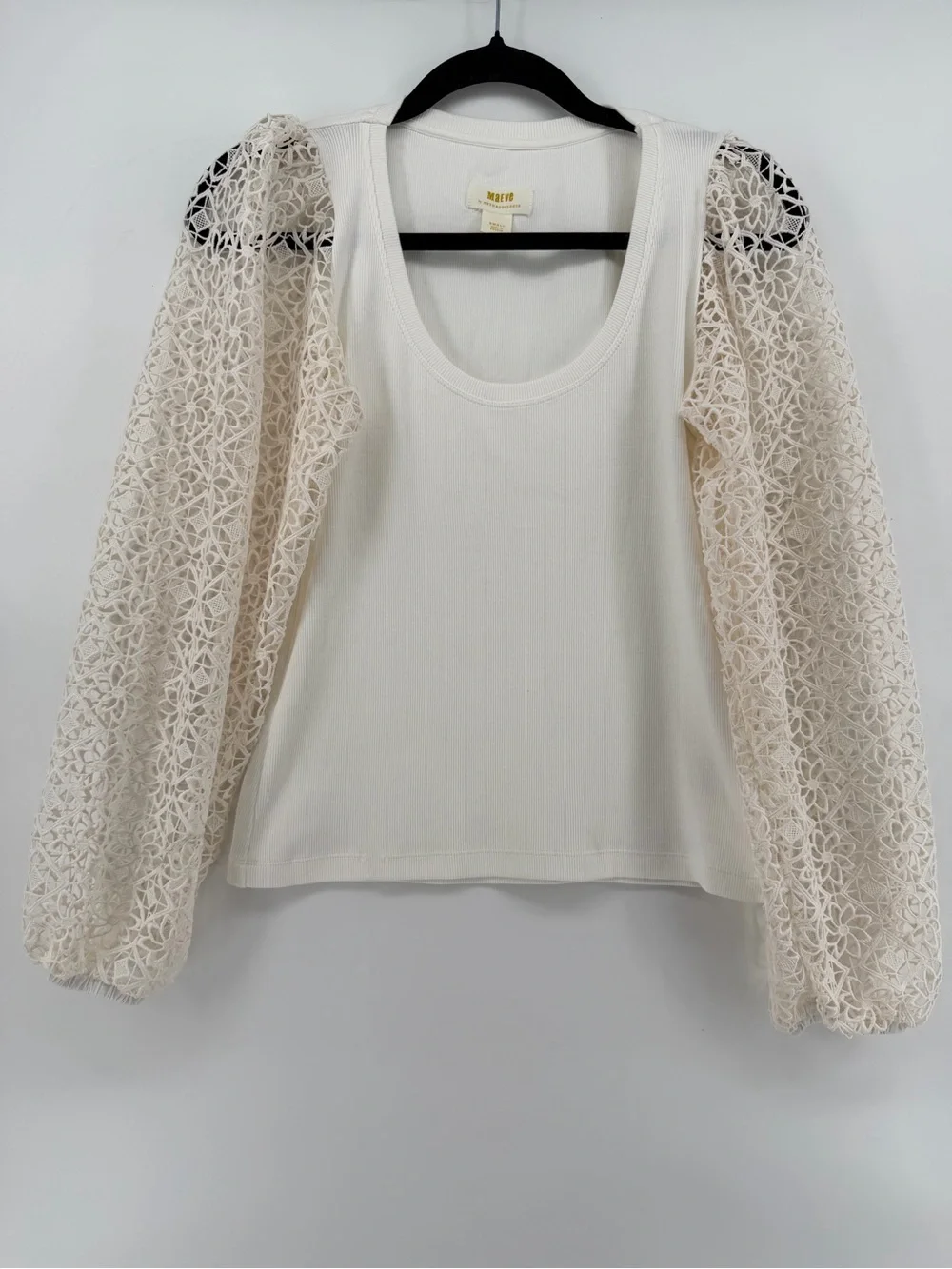 Maeve Anthropologie White Ribbed Knit Top Floral Lace Balloon Sleeve Size Small